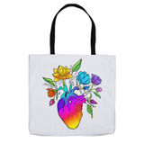 Blossoming Rainbow Heart Tote Bag
